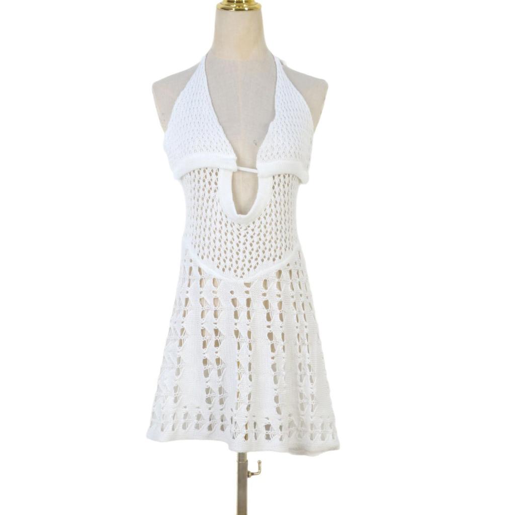 European & American Summer Beach Dress - Sexy Hollowed-Out Solid Color Knitted Vacation Short Dress for Women
