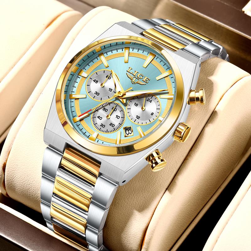 LIGE Mens Watches Fashion Business Quartz Wristwatches Waterproof Stainless Steel Chronograph Luminous Auto Date Watch for Man