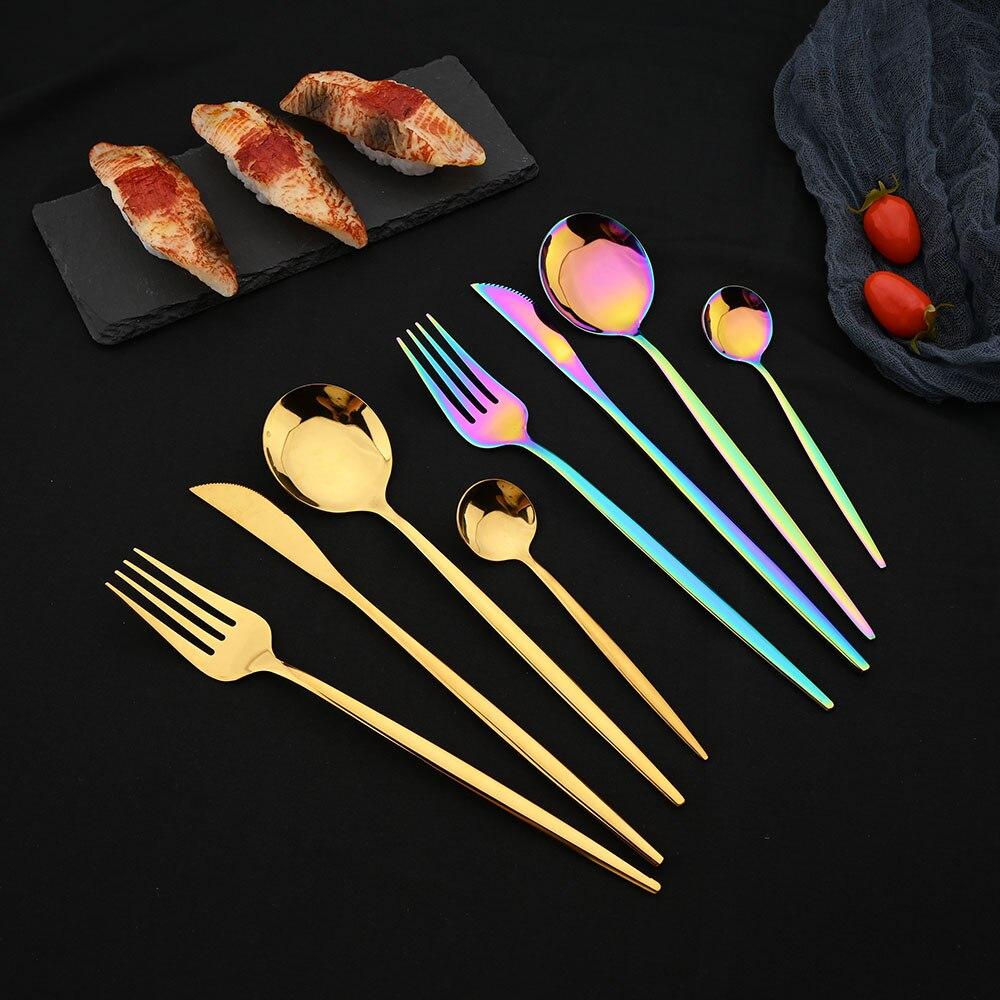 24Pcs Tableware Set Stainless Steel Dinnerware Knife Fork Spoon Dinner Flatware Kitchen Colorful Elegant Black Gold Cutlery Set
