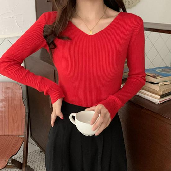 Dámský pletený pulovr s výstřihem do V slim fit: Trendy, s dlouhým rukávem, teplé na podzim a zimu