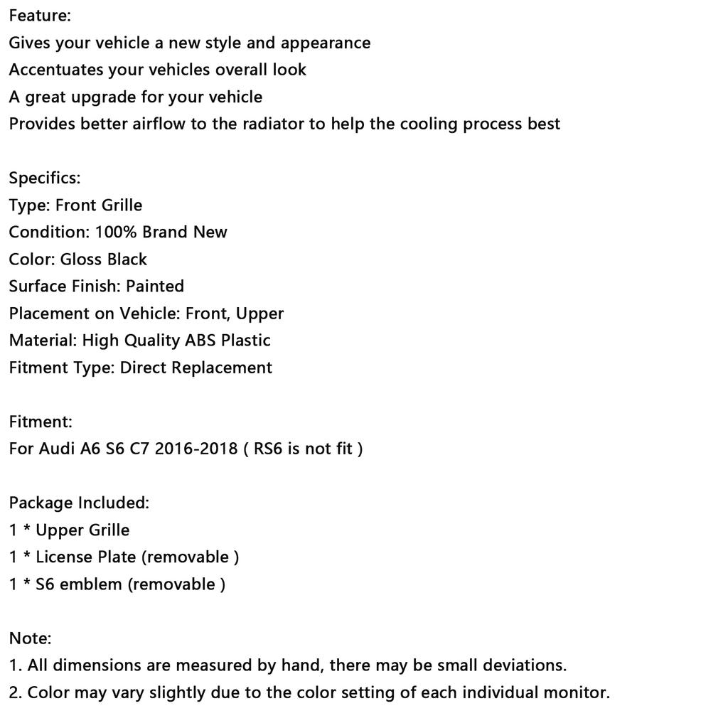 S6 Style Front Bumper Grille Grill Fit A6 S6 C7 2016-2018 Black