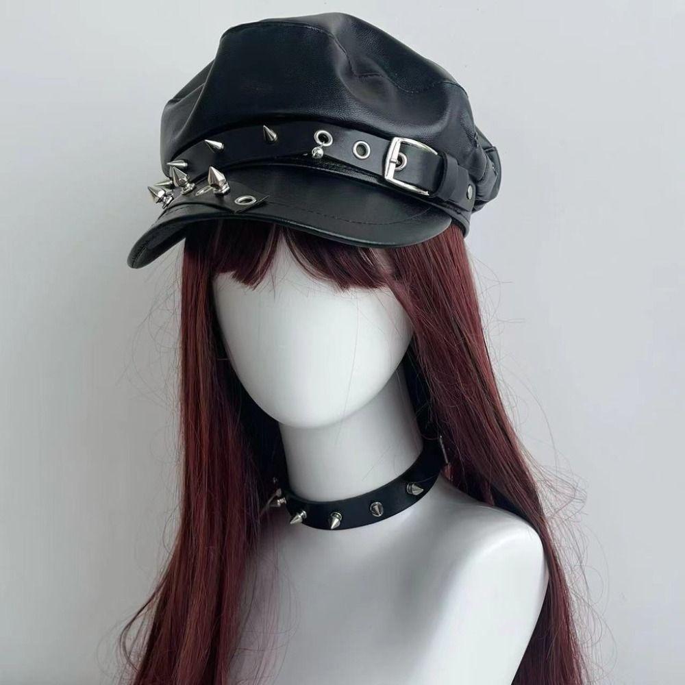 PU Leather Rivet Punk Cap Dark Retro Painter Hat Harajuku Gothic Spike Cap  Headdress