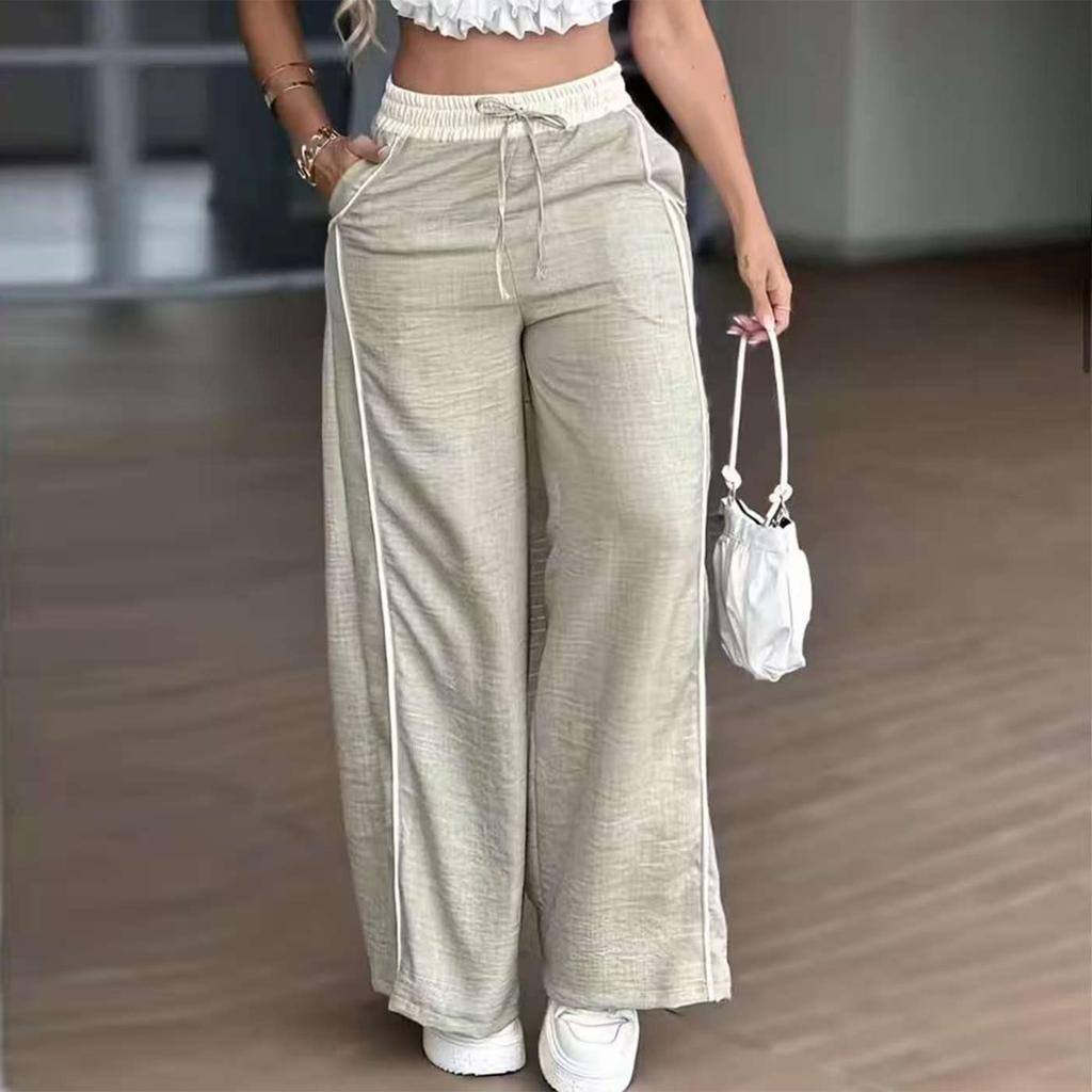 Women's Fashion Color Blocked High Waist Straight Leg Wide Leg Pants Pocket Casual Pants