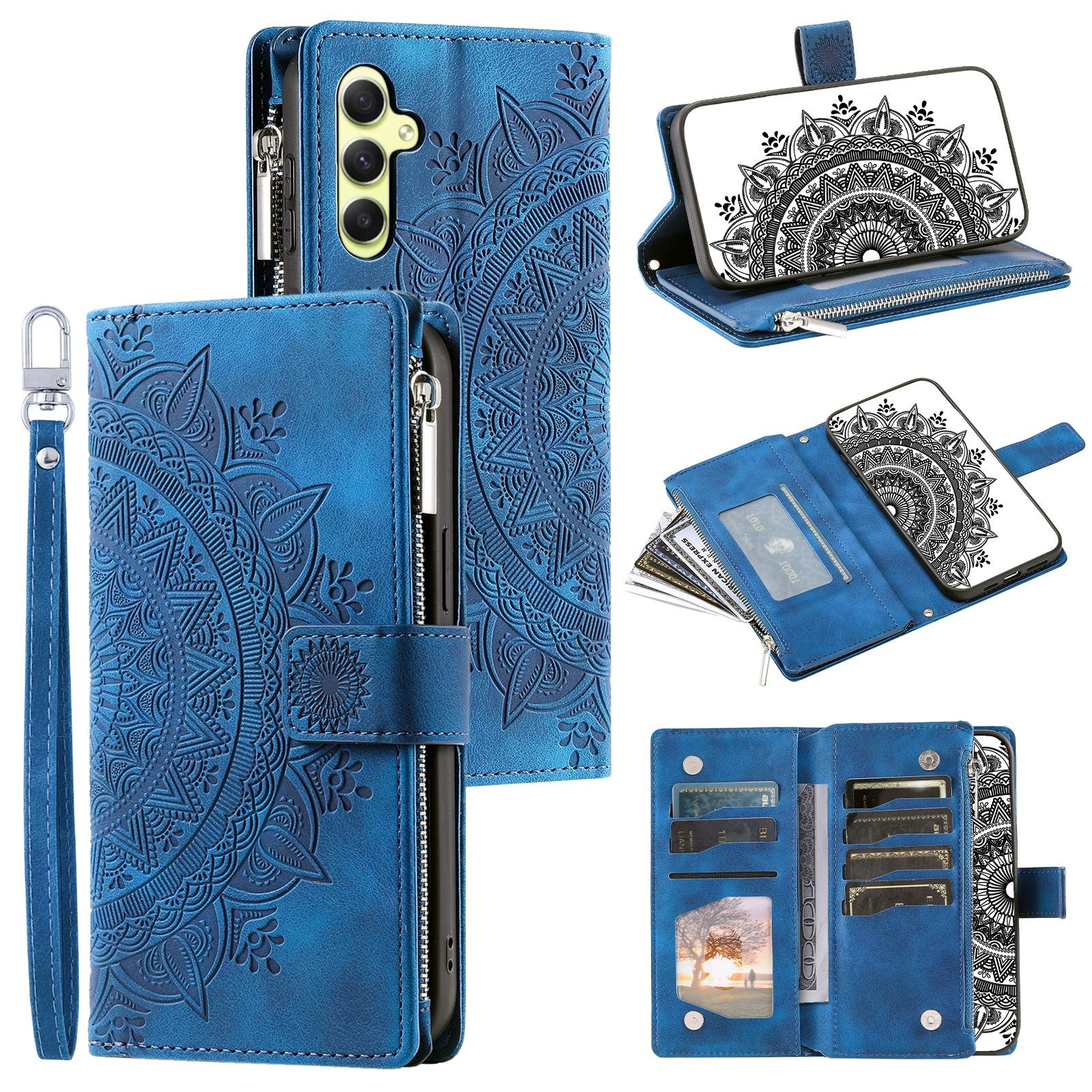 

For Samsung Galaxy A15 4G Case Imprinted Flower Wallet PU Leather Stand Shell Phone Cover with Strap Blue