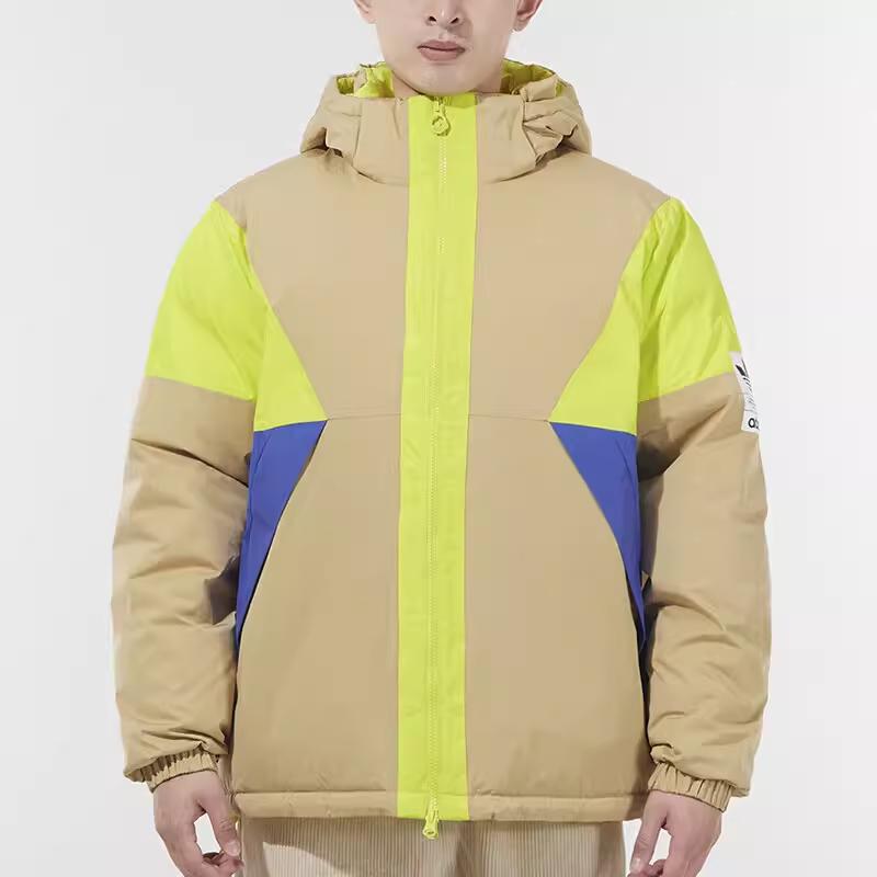 Adidas Originals Patchwork Logo Print Hooded Down Jacket Men Outerwear Beige H66016
