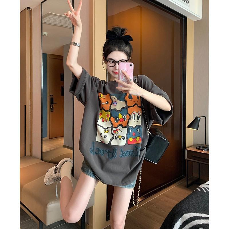 

Летняя женская футболка с забавным принтом из мультфильмов, повседневная, с коротким рукавом, белая футболка, модная уличная одежда, свитер с круглым вырезом, женская свободная одежда XXL серый