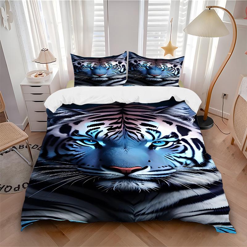 3pcs Tiger Print Bedding Set - 1 Duvet Cover + 2 Pillowcases(Core Not Included), Machine Washable Polyester Yy251216118