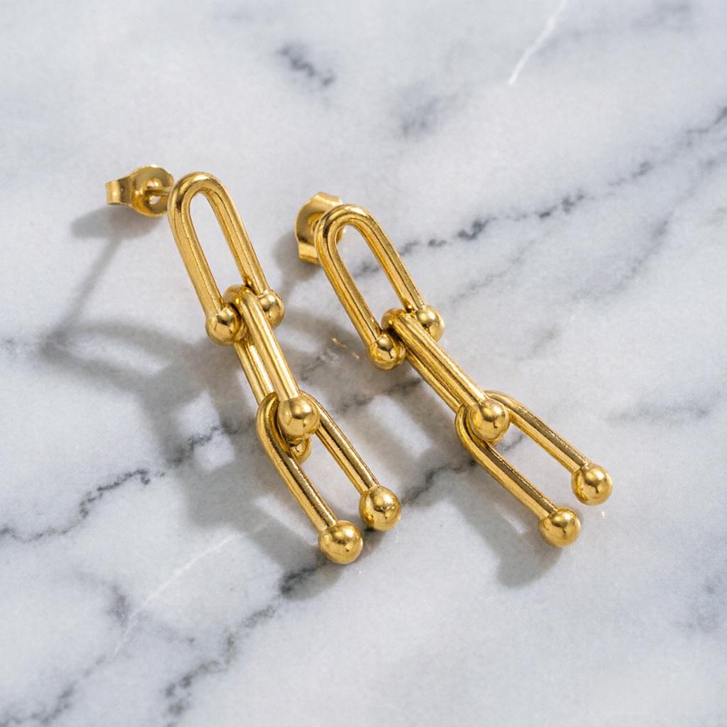 Europäischer und Amerikanischer Stil U-förmiges Hufeisen Halsketten-, Armband- und Ohrstecker-Set - 18 Karat Gold Titanstahl Bambusgelenk Design
