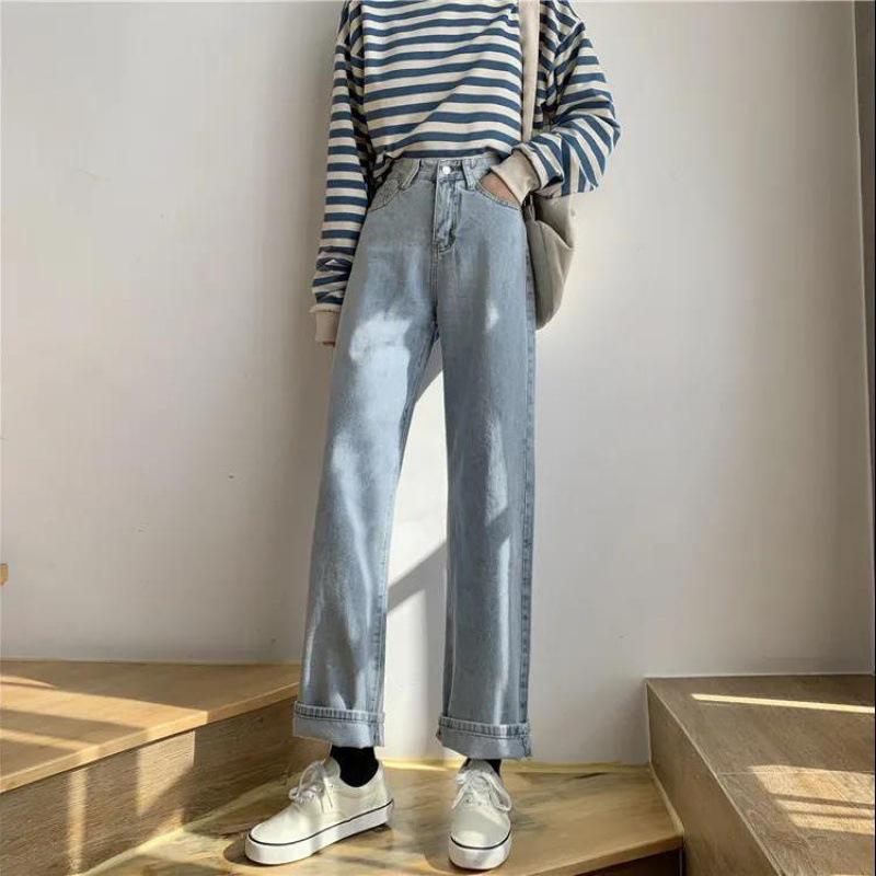 White Wide-Leg High-Waist Denim Pants for Petite Pear-Shaped Women - Loose, Plus Size, Floor-Length, Straight-Leg Design.