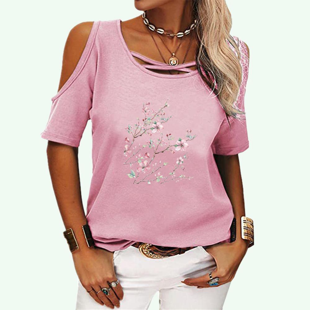 Women Short Sleeve Off Shoulder T-shirt Ladies Fashion Print Top Summer&fall Casual Round Neck Tee Shirt