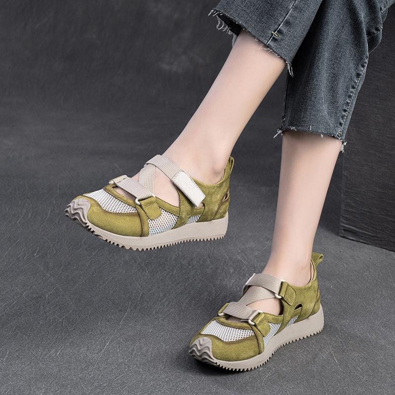 Sommer neue Farbabstimmung Sportstil lässige Einzelschuhe Klettverschluss atmungsaktives Mesh Leder Damenschuhe