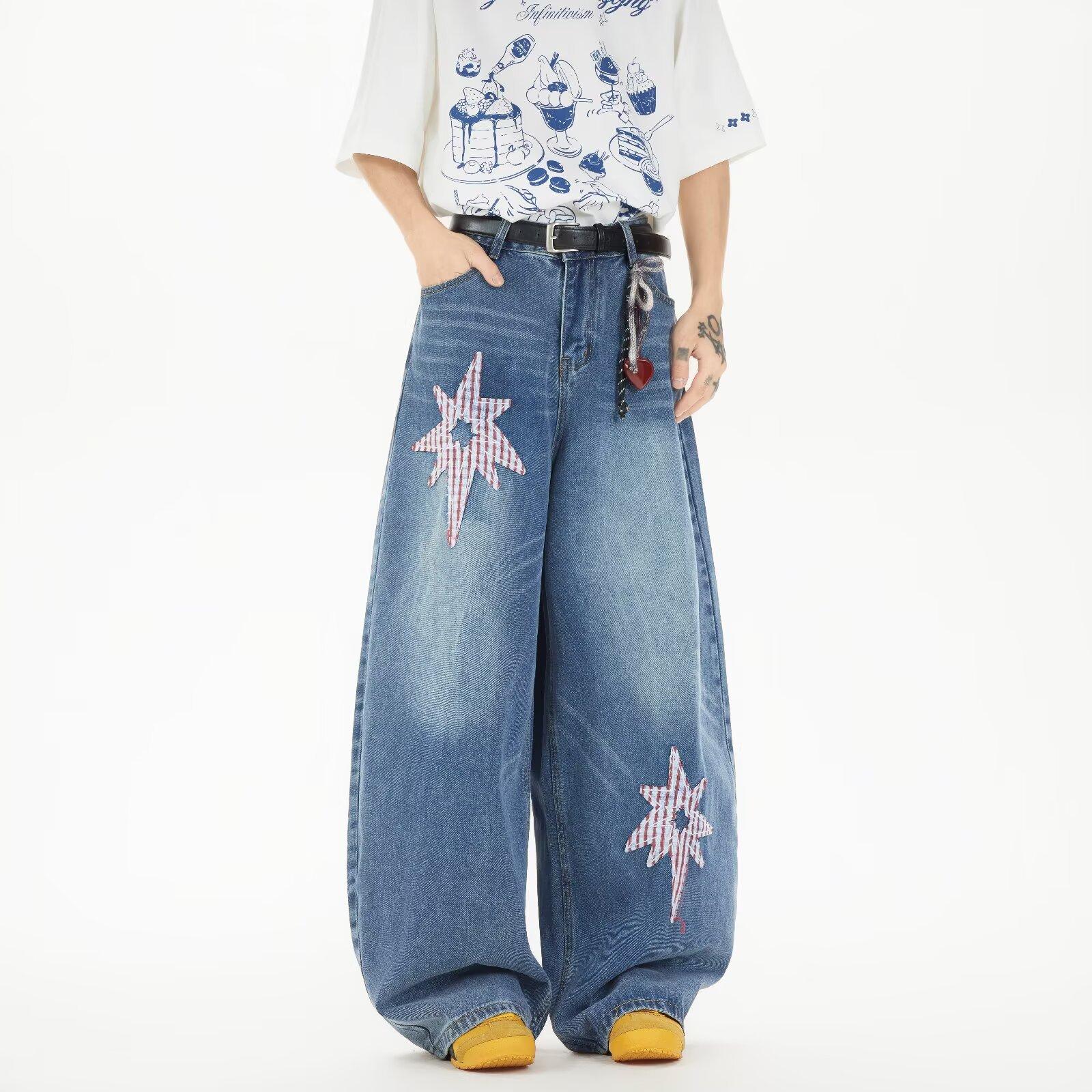 Джинсы JYL Унисекс Bootcut Винтажные Пэчворк Летние Свободные Широкие Деним XXL бездна