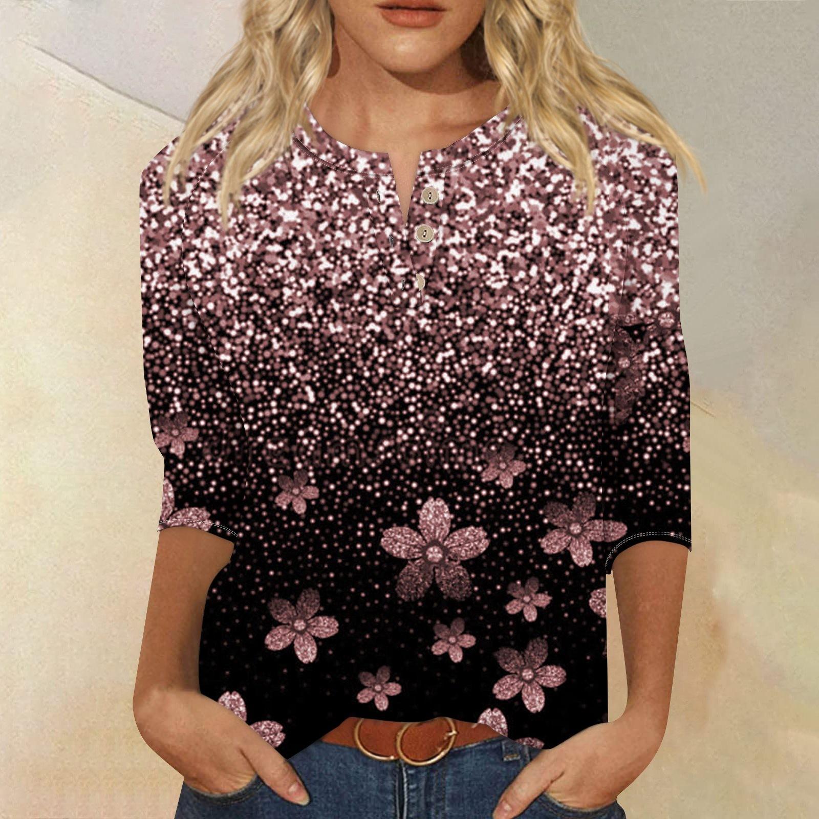 

Женская модная футболка, повседневная футболка с v-образным вырезом и пуговицами до плеч, рукав семь четвертей, топ XXXXXL