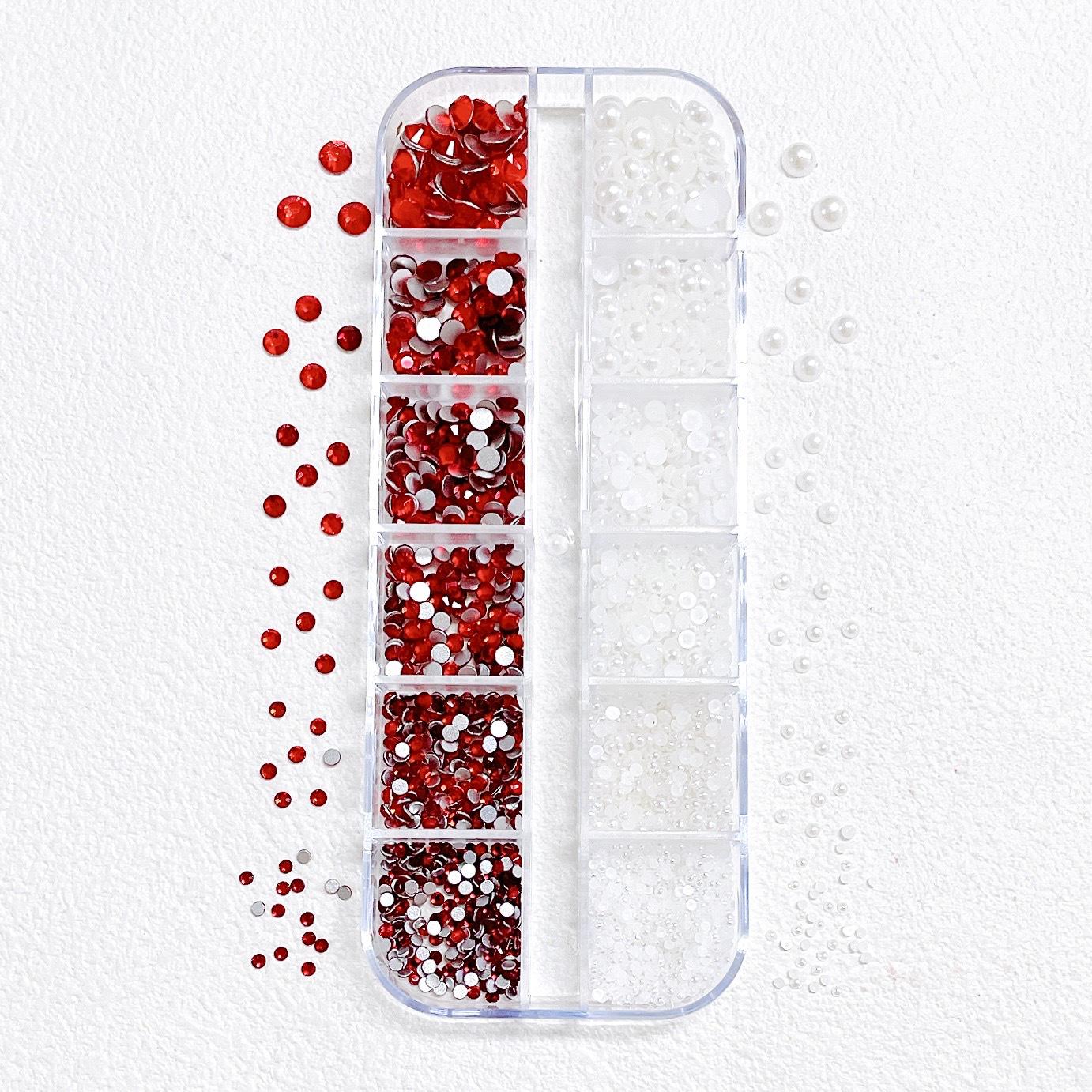 

Red Diamond & Pearl Nail Art Decorations: 12-Grid Mini DIY Set