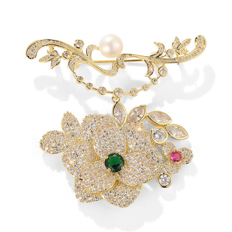 High-End Rose Brooch with Zircon and Freshwater Pearl