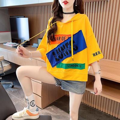 2021 New Women's Korean Loose Fit Hooded Short-Sleeve T-Shirt