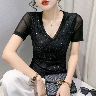 Summer New Fashion Sequin V-neck T-shirt Women's Short Sleeved Sexy Mesh Top Slim Half Sleeved Shirt