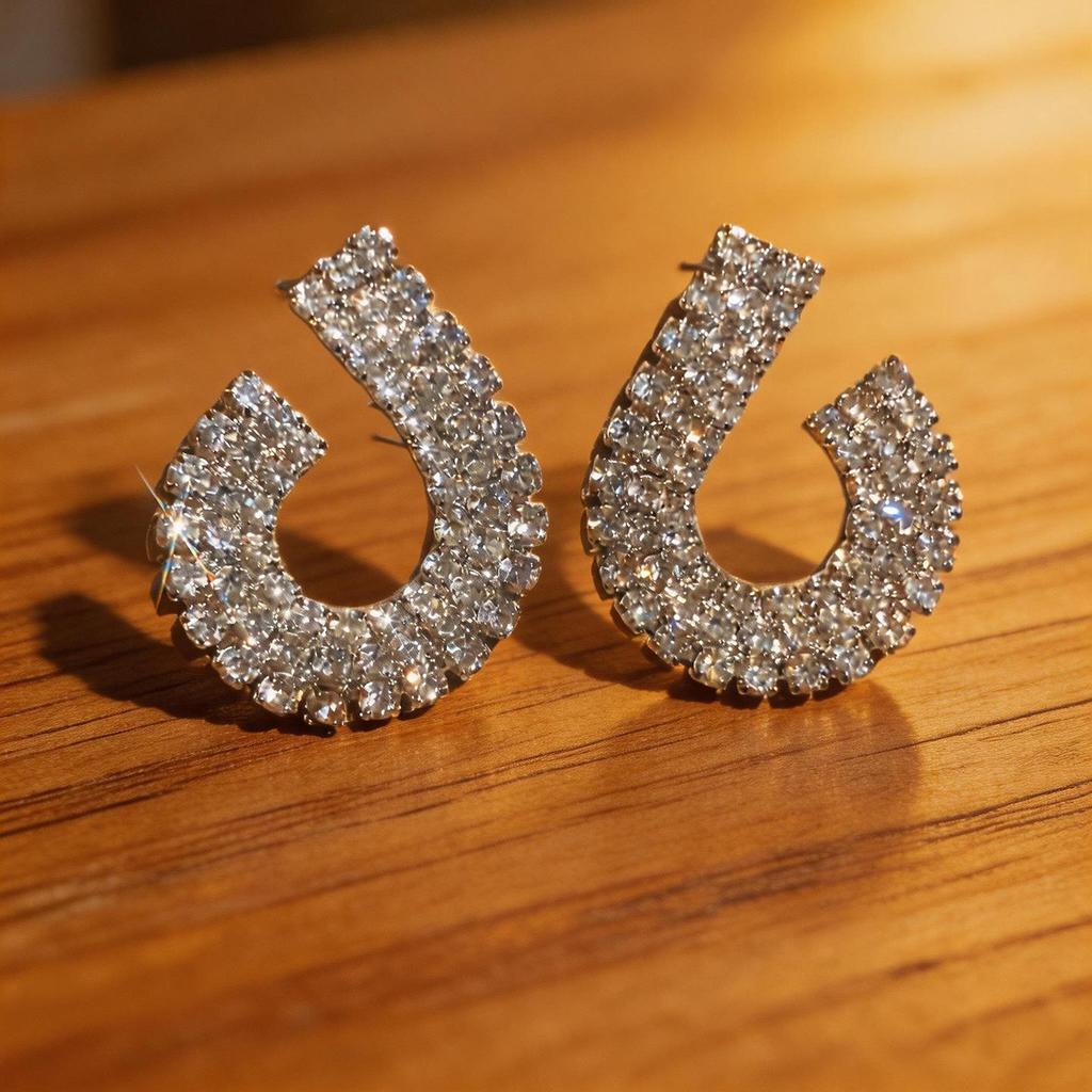 Silver Needle Rhinestone Geometric Double Stud Earrings - Luxury Cross-Border Design
