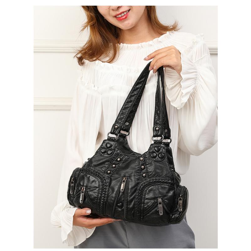 Women All Season Fashion Washed PU Leather Women's Shoulder Bag Fashion Design Button Rivet Weave Crossbody Bag Vintage Handbag Female Travel Totes