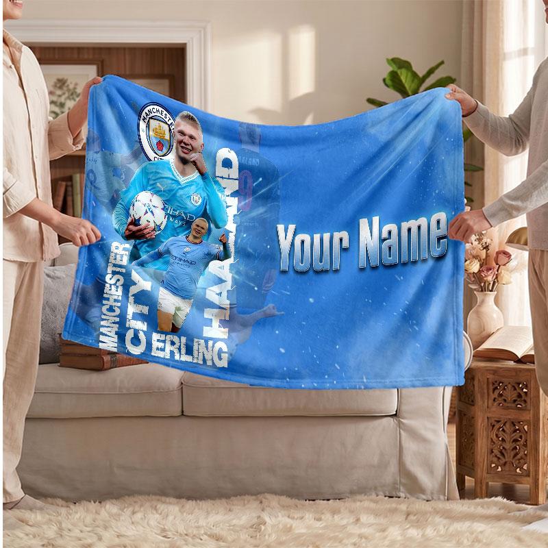 Erling Haaland Personalized Fleece Blanket With Football Logo, Custom Name Text Soft Warm Home Throw Blanket