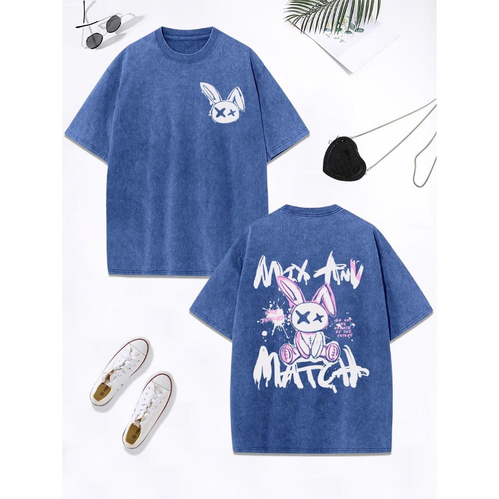 Cartoon Rabbit Match Graffiti Text Prints Washed T-Shirt Women Cotton Oversize Tops O-Neck Distressed T Shirt Clothes