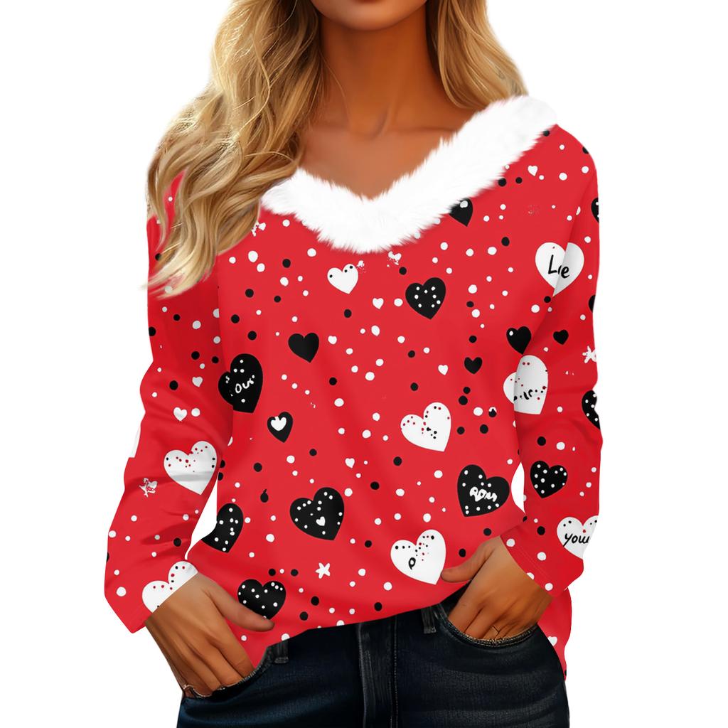 Women's Valentine's Day Printed Long-Sleeved Shirt, V-Neck, Casual Loose-Fitting T-Shirt Top