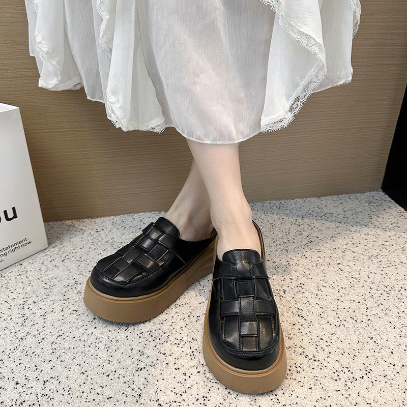2025 New Thick-soled Heightening Half-slippers Women's Summer Outer Wear Hollowed-out One-pedal Roman Bag Head Sandals Woven Slippers