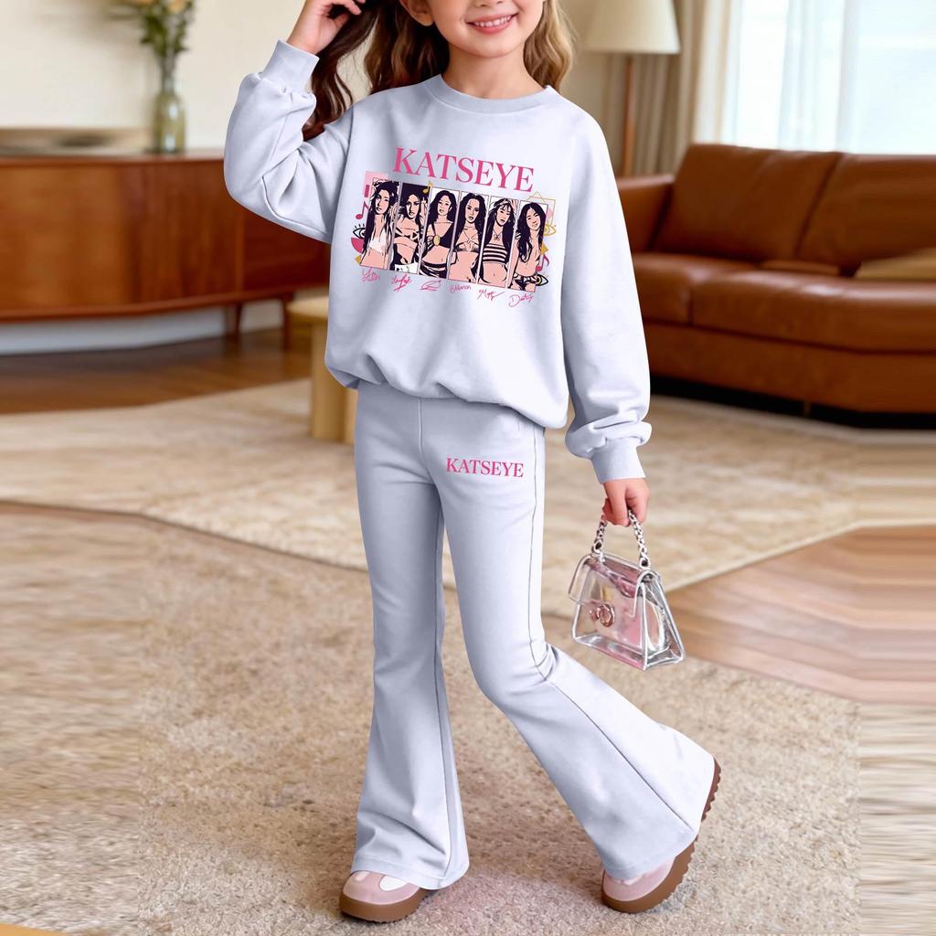 Kids Casual Loose Fit Long Sleeve Neck Printed Top and Pants Set