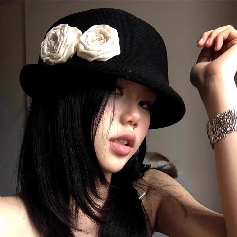 Elegant Camellia Flower Cap French Style Women's Formal hat Vintage Floral Bowler Hat Famale