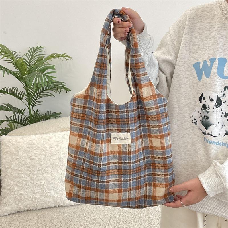 2 fashionable versatile woolen retro plaid shoulder cloth bag women's casual autumn and winter portable commuter vest bag