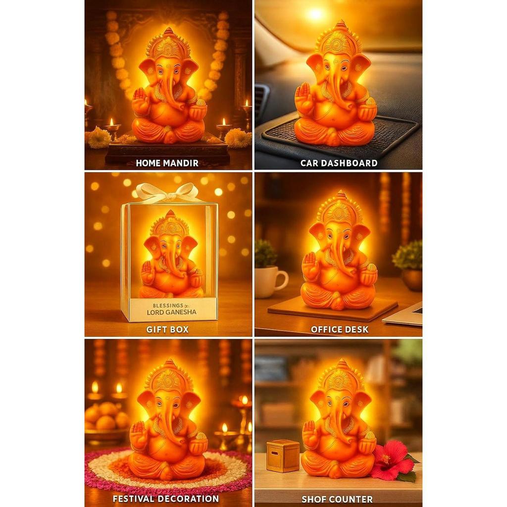 Lord Ganesha Murti for Home & Office Decor | Orange Ganpati Bappa Idol with Modak | Resin Ganesh Ji Statue for Car Dashboard