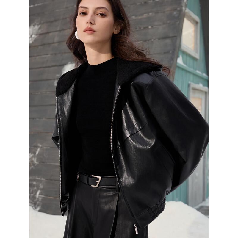 ELLE Women s Hooded Faux Leather Short Jacket S