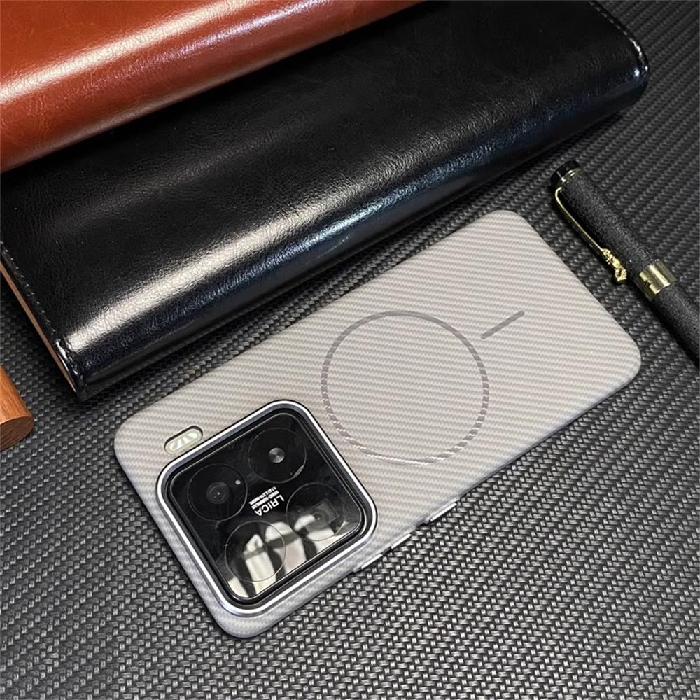 Ultra thin Carbon Fibre Pattern Metal Lens Frame Case for Xiaomi Mi 15 Pro Mi 14 Magnetic Wireless Charging Hard PC Slim Cover