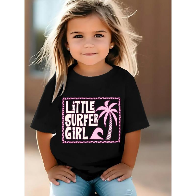 

European sizes Children conut Tree Beach theme Little Surf Girl pattern girls T-shirt, short-sleeved crew neck, black and white color scheme 98cm чёрный