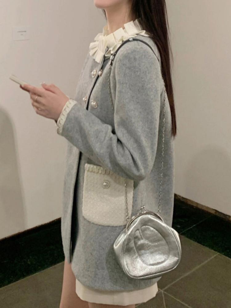 French Gray Elegnat Mid-length Warm Jacket Women's Autumn Winter Princess Sweet Clothes Thickened Design Causal Coat Party 2024