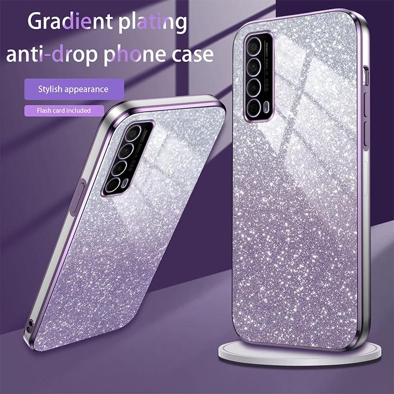 Luxuriöse, glänzende Silikonhülle mit Glitzerbeschichtung für Huawei P smart 2021 Y7a Coque Kameraobjektiv Weiche Rückabdeckung