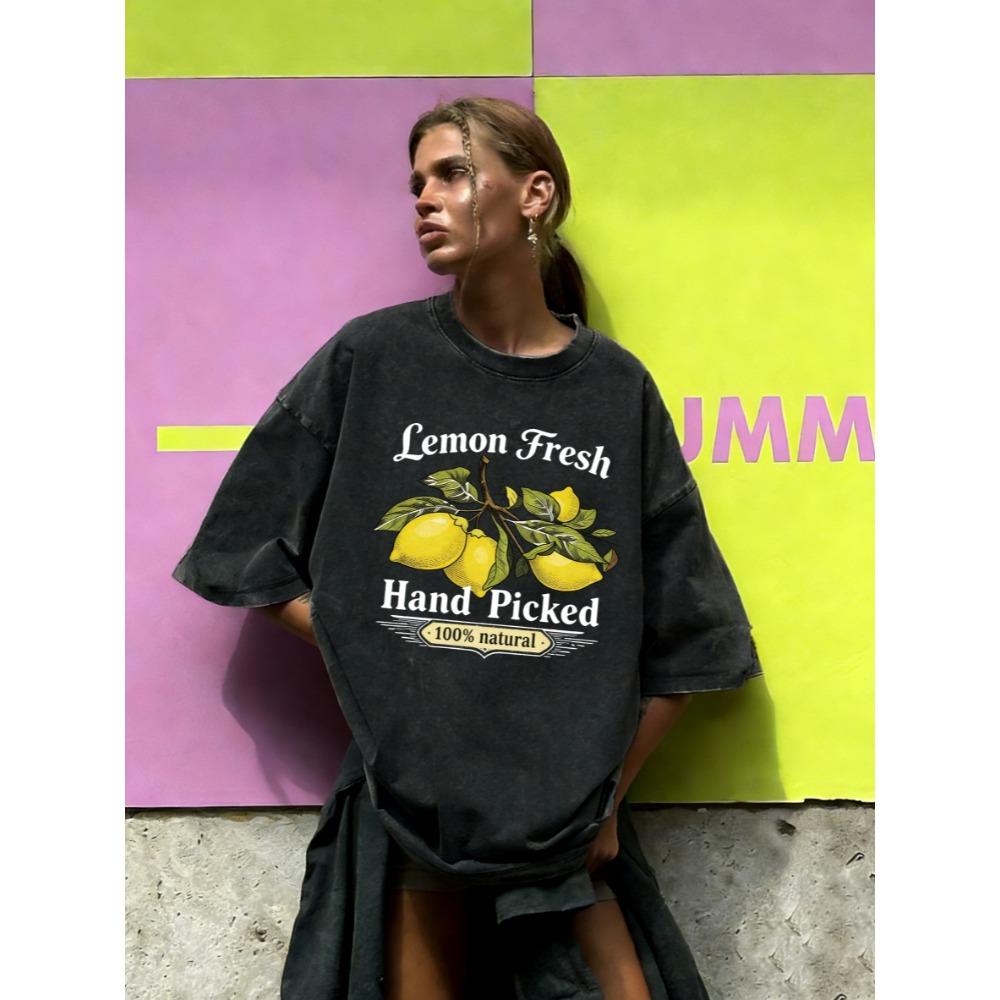 Fresh Hand Picked Lemon Printed Washed T-Shirts Women Summer Cotton T Shirt Comfortable Loose Short Sleeve Clothes