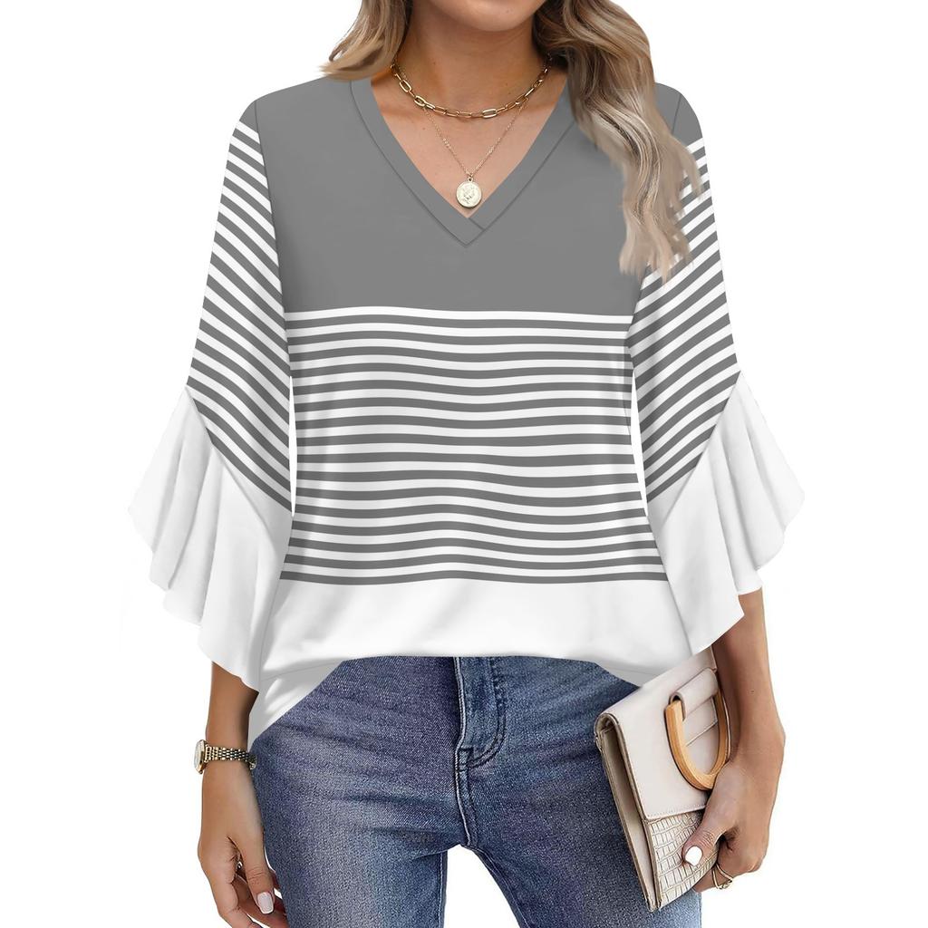 Blouses For Women Dressy Casual 3/4 Length Sleeve Womens Tops V Neck Tshirts Shirts With Flared Sleeve