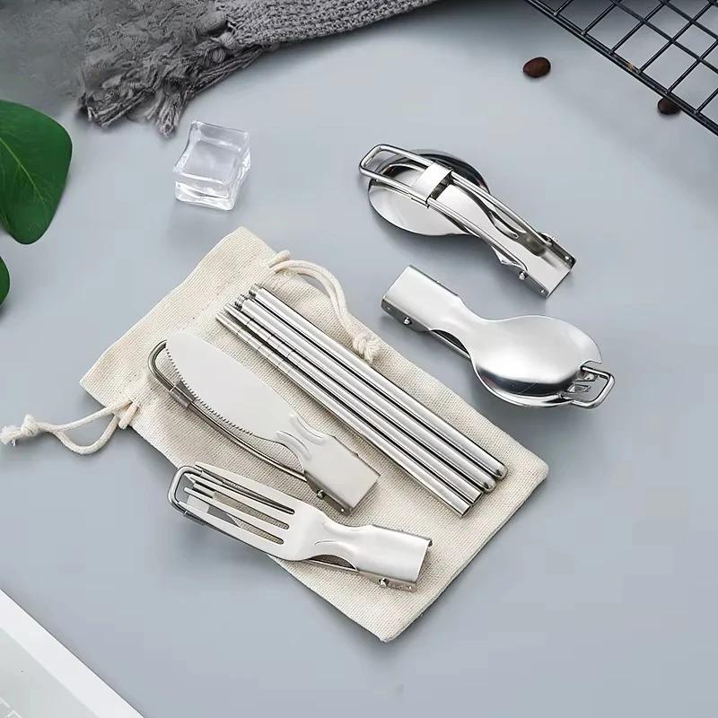 Creative Folding Design Outdoor Portable Picnic Tableware Set Stainless Steel Folding Salad Spoon Fork Chopsticks Kitchen Tools