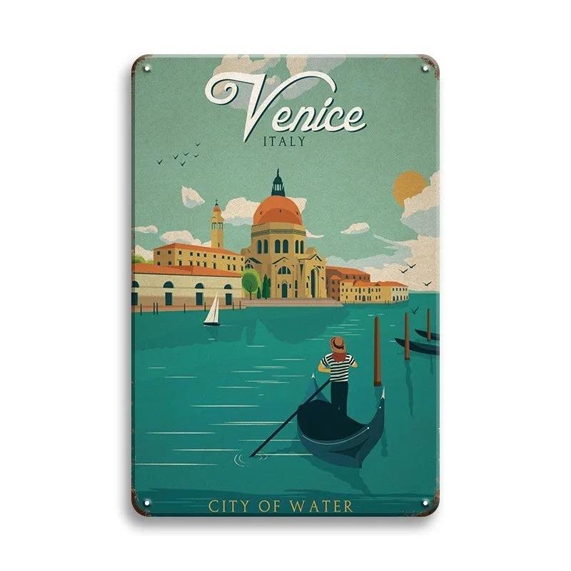 Vintage Cestovní Města Plechové cedule PARIS IMALIBU CHICAGO Železná malba Retro plakáty Domov Nástěnná umělecká výzdoba Pokojová výzdoba