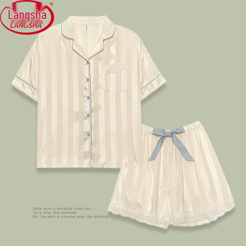 LangSha Women s Summer Ice Silk Short Pajama Set L