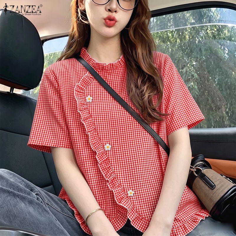 ZANZEA Women Casual Round Neck Plaid Print Loose Short Sleeve Blouse