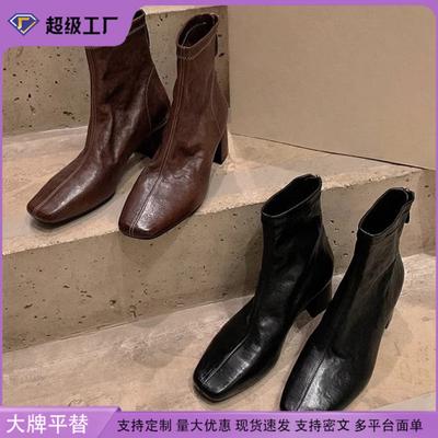 Hiver nouveau motif cuir de cheval lavé bottes fines rétro courtes bottes en cuir pour femmes fermeture éclair arrière bout carré bottes polyvalentes pour femmes