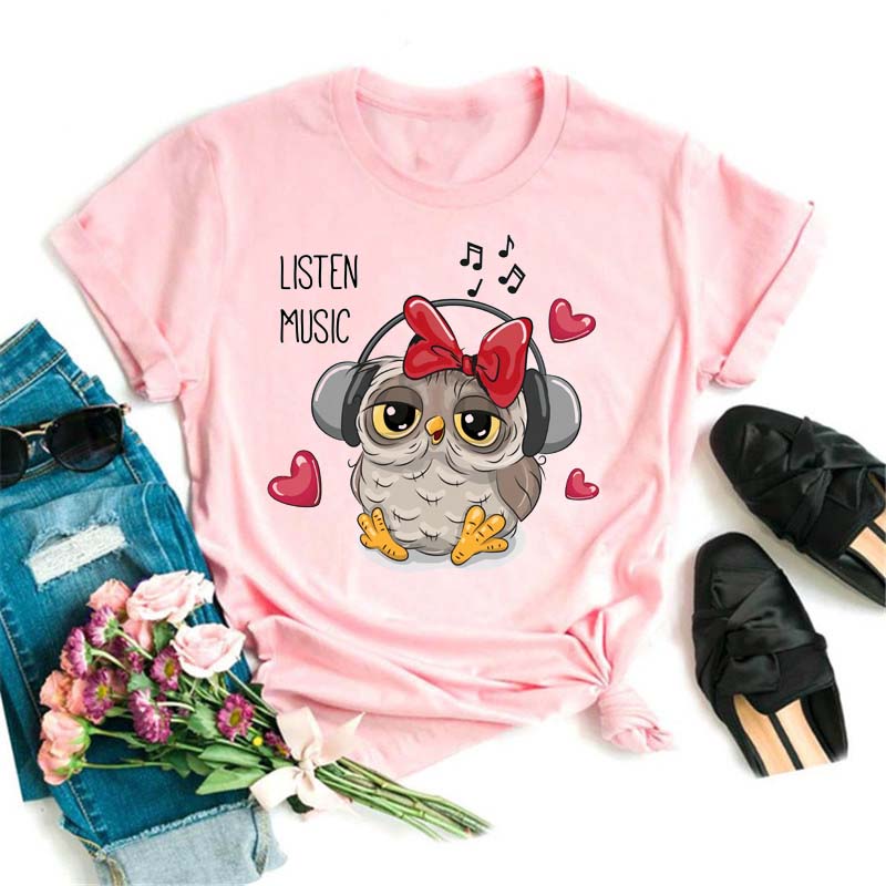 Maycaur Cartoon Owl Print Tričko Dámské Kawaii Grafické Košile Neformální Krátký rukáv Černé Dámské Tričko Harajuku s výstřihem