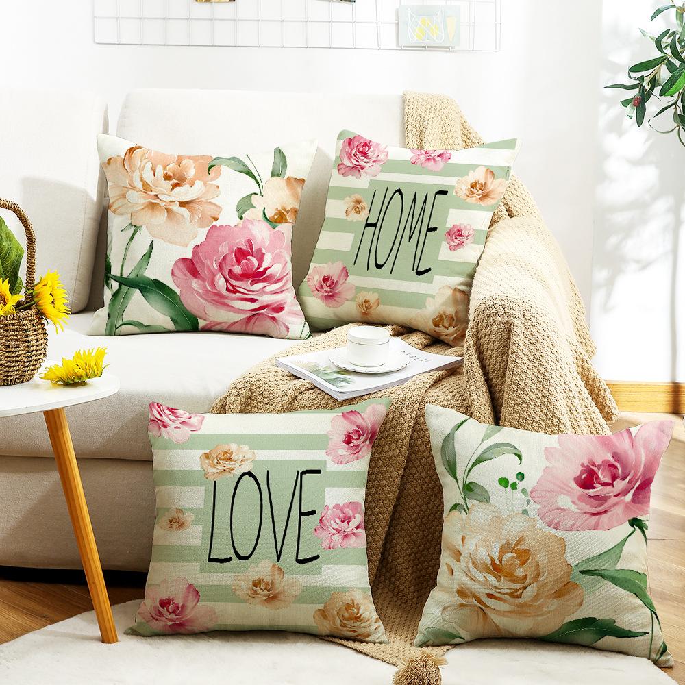 New Summer Throw Pillow Case with Floral Letter Print Linen Throw Pillow Decoration Sofa Bedside Backrest Throw Pillow Case