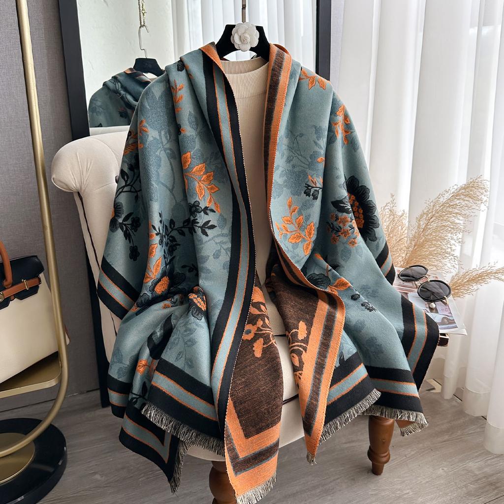Elegant Flowers Jacquard Pashmina Imitation Cashmere Scarf Winter Thick Warmth Two-Sided Shawl Coldproof Windproof Blanket Scarf