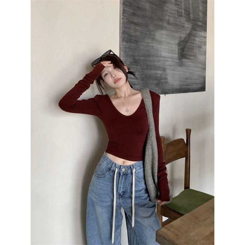 Kumikumi Pure Desire Style Sexy Temperament Pure Color Shoulder Long Sleeves T-shirt Female Fall Slim Fit Slim Fit Versatile Top