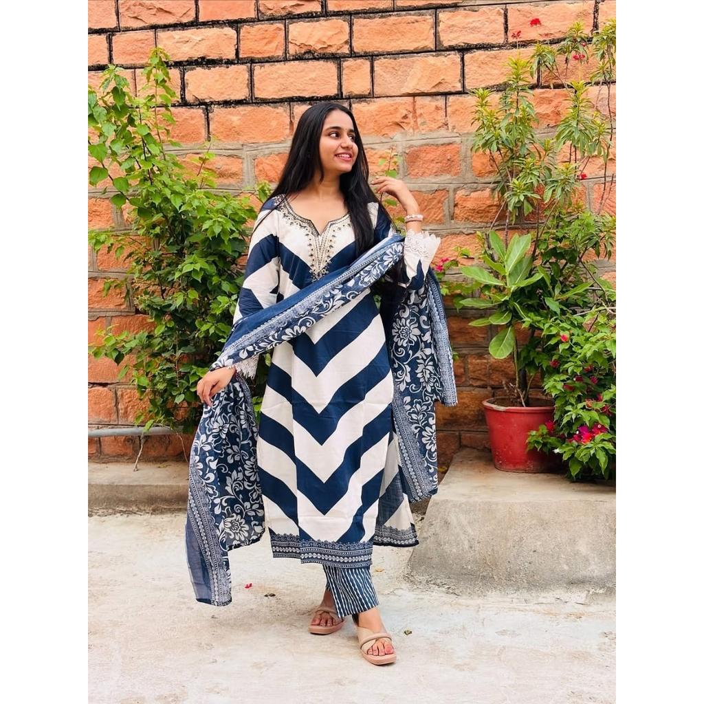 Beautiful Party Wear Top Kurta Set Indian Women Ethnic Kurti Pant Dupatta Set