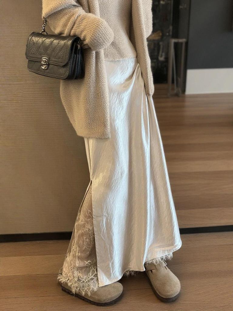 Women's High Waist Lace Patchwork A-Line Satin Skirt - Spring/Summer, Side Slit, Long Skirt