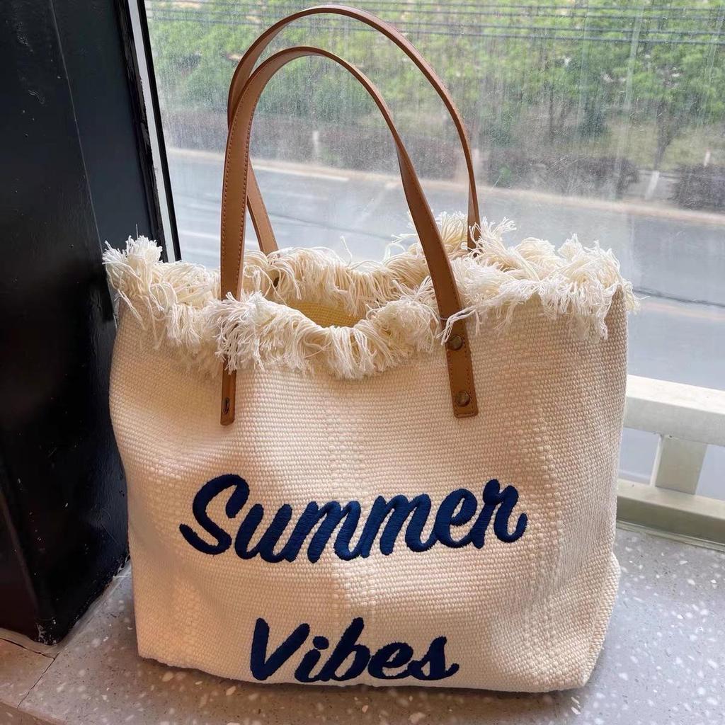 Women's Large Capacity Canvas Tote with Embroidered Letters - Braided Beach & Shoulder Handbag